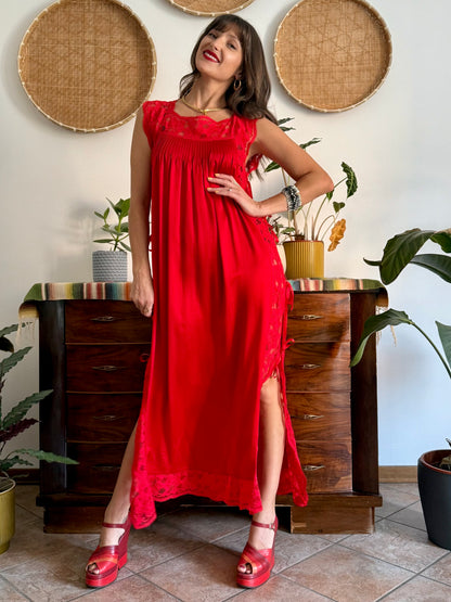 1970's vintage cherry red silk and lace maxi slip dress with tie details