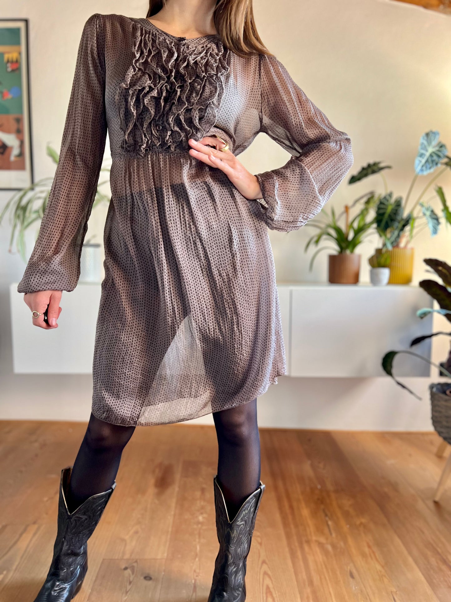 1990's vintage semi sheer brown silk dress with grey geometric print