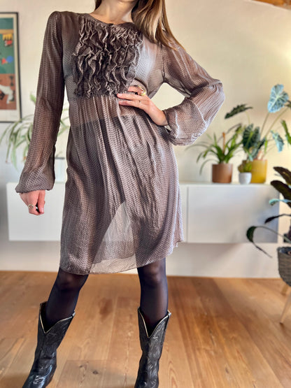 1990's vintage semi sheer brown silk dress with grey geometric print