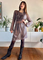 1990's vintage semi sheer brown silk dress with grey geometric print