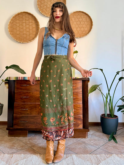 1990's vintage olive green, brown and dark orange floral wrap maxi skirt
