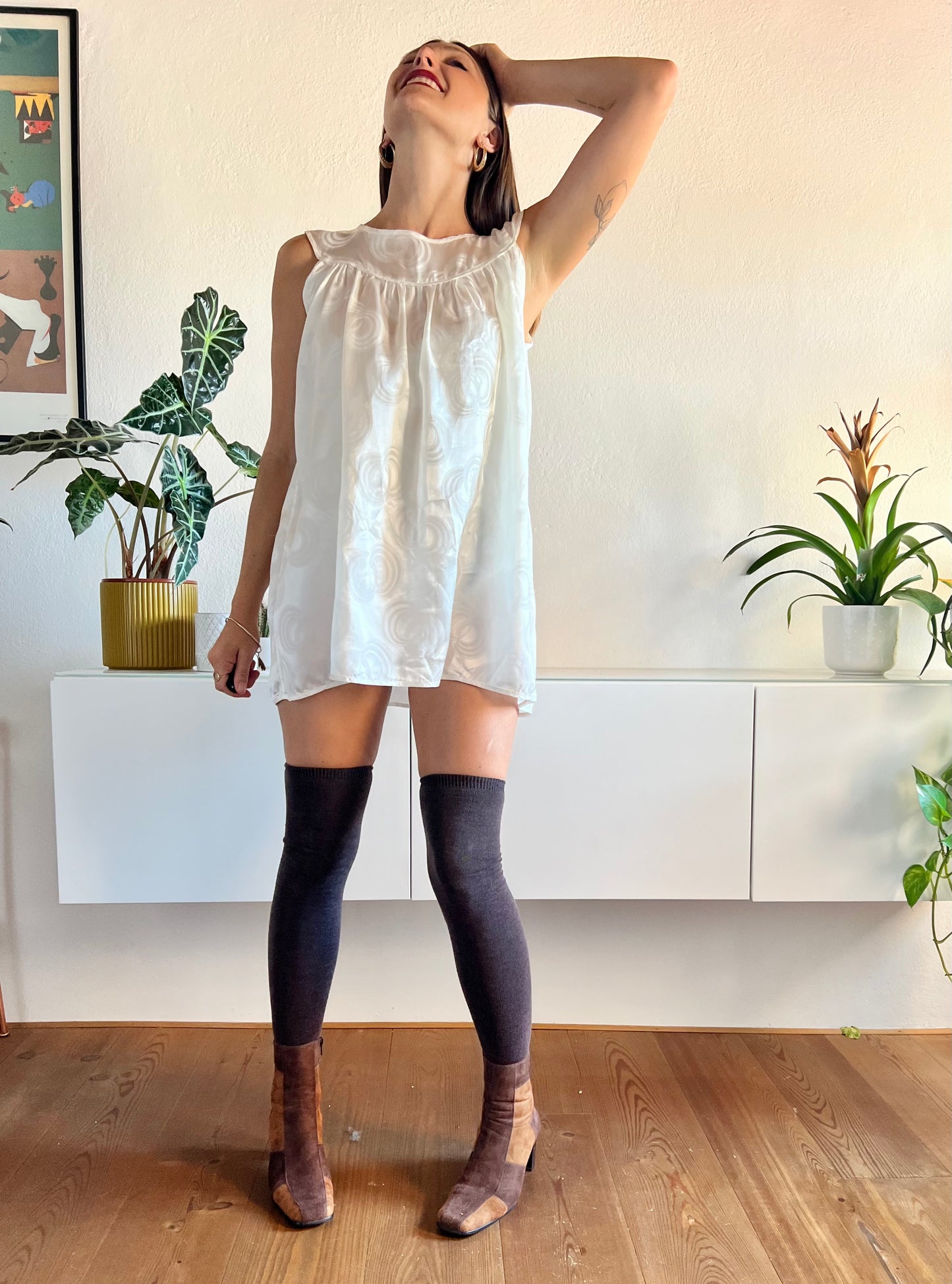 1970's vintage cream satin mini babydoll slip dress