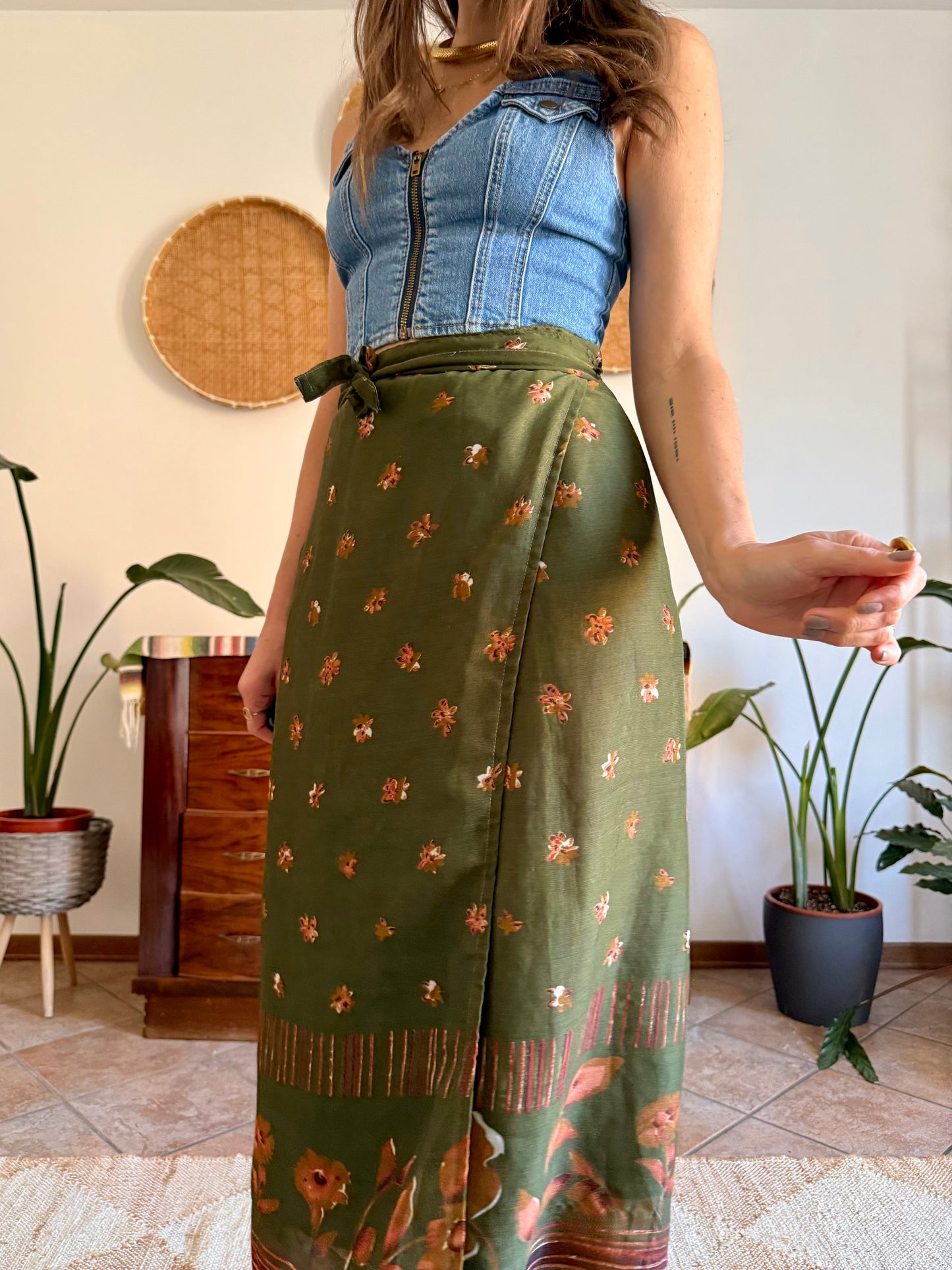 1990's vintage olive green, brown and dark orange floral wrap maxi skirt