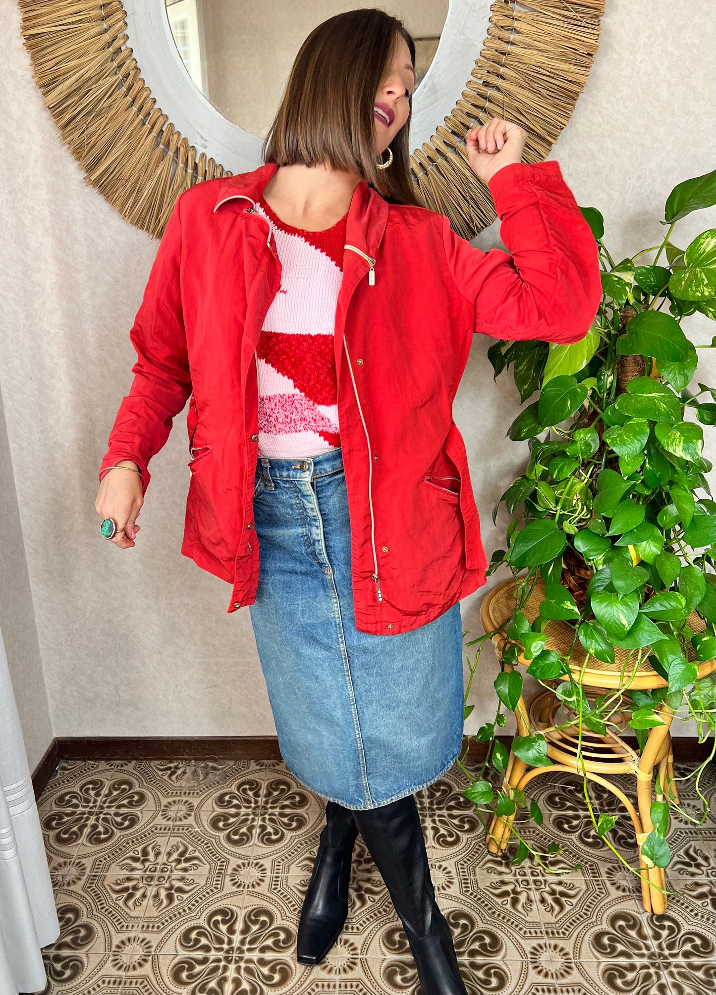 1980's vintage red belted rain coat