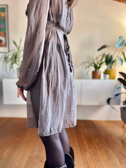 1990's vintage semi sheer brown silk dress with grey geometric print