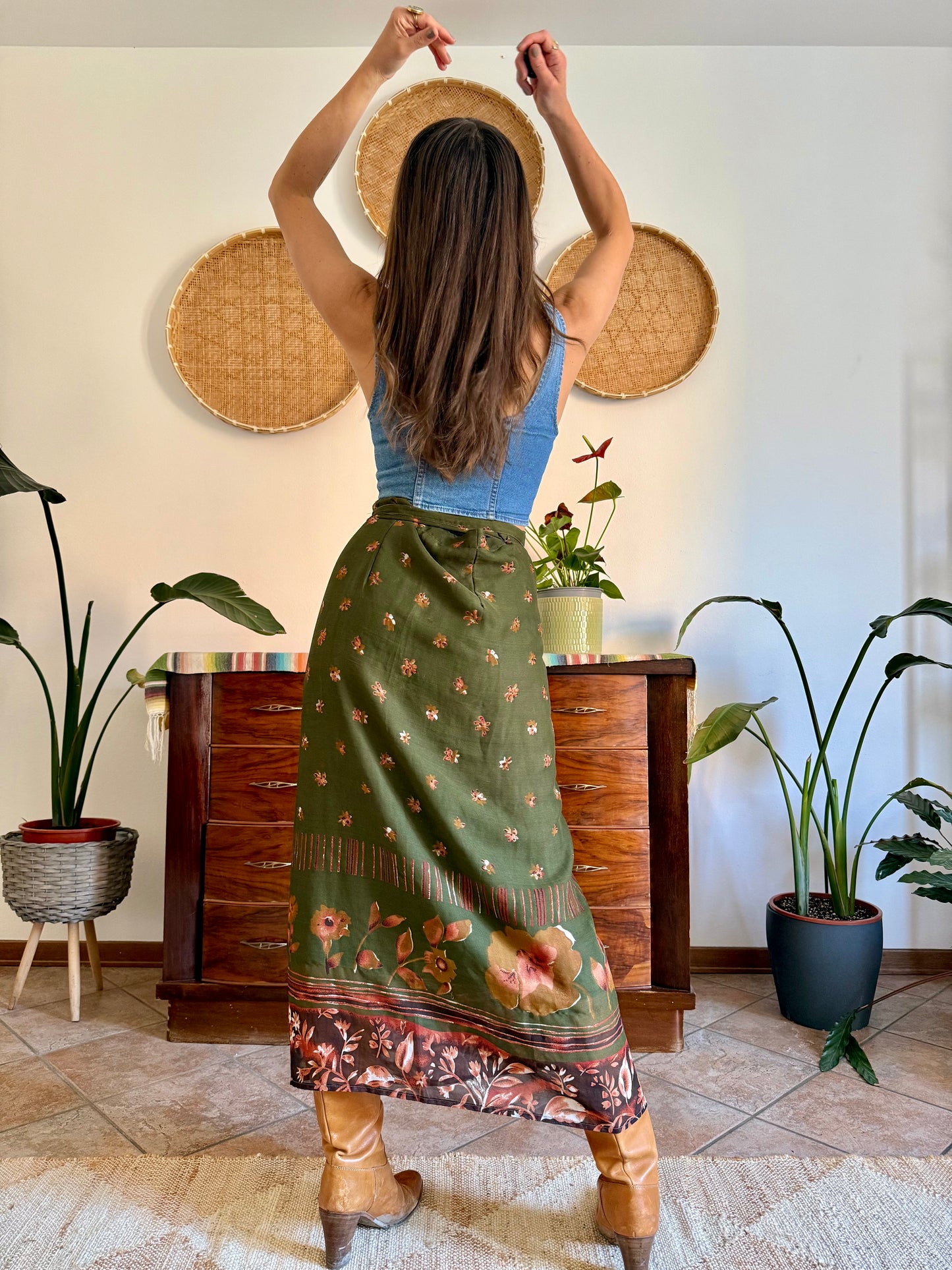1990's vintage olive green, brown and dark orange floral wrap maxi skirt