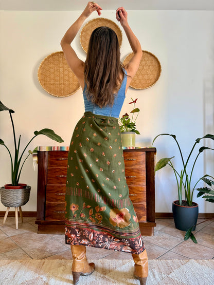 1990's vintage olive green, brown and dark orange floral wrap maxi skirt