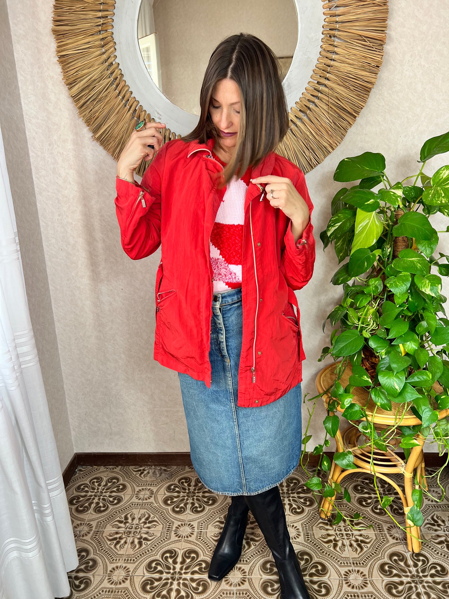 1980's vintage red belted rain coat