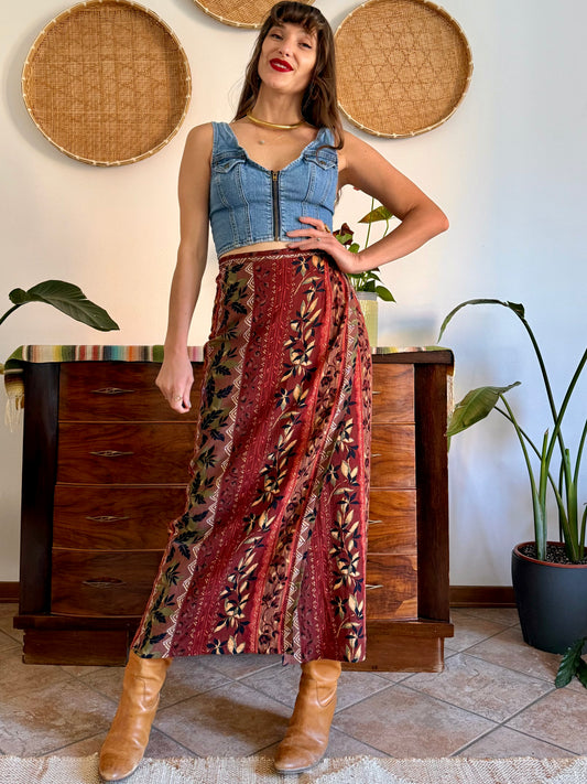1990's vintage red, brown and green floral print maxi skirt