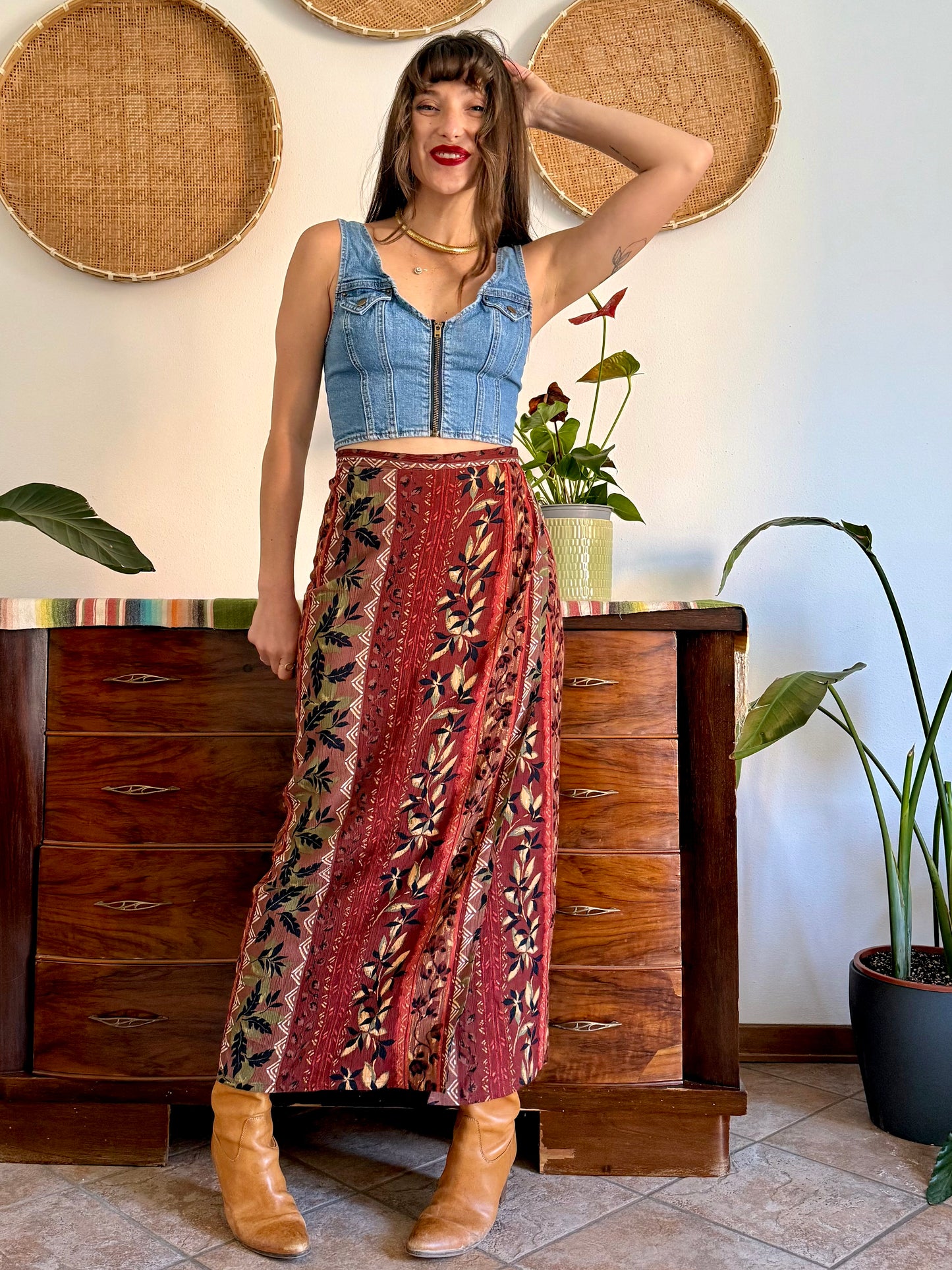 1990's vintage red, brown and green floral print maxi skirt
