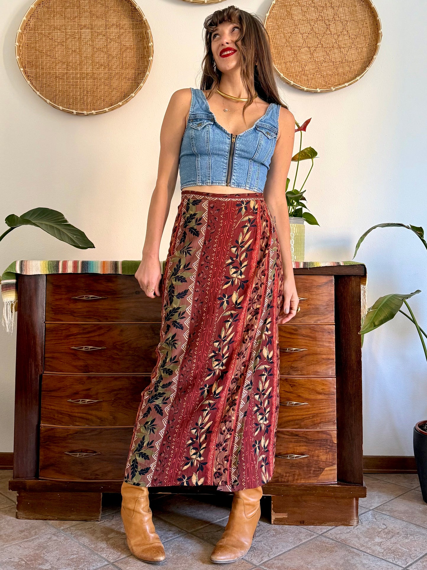 1990's vintage red, brown and green floral print maxi skirt