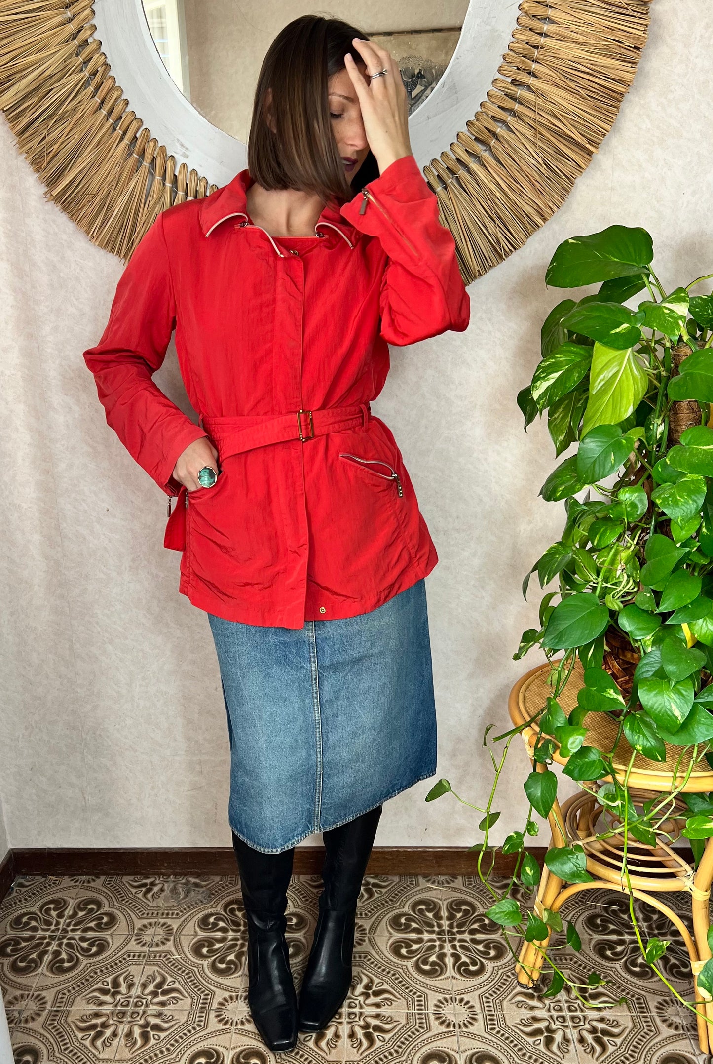 1980's vintage red belted rain coat