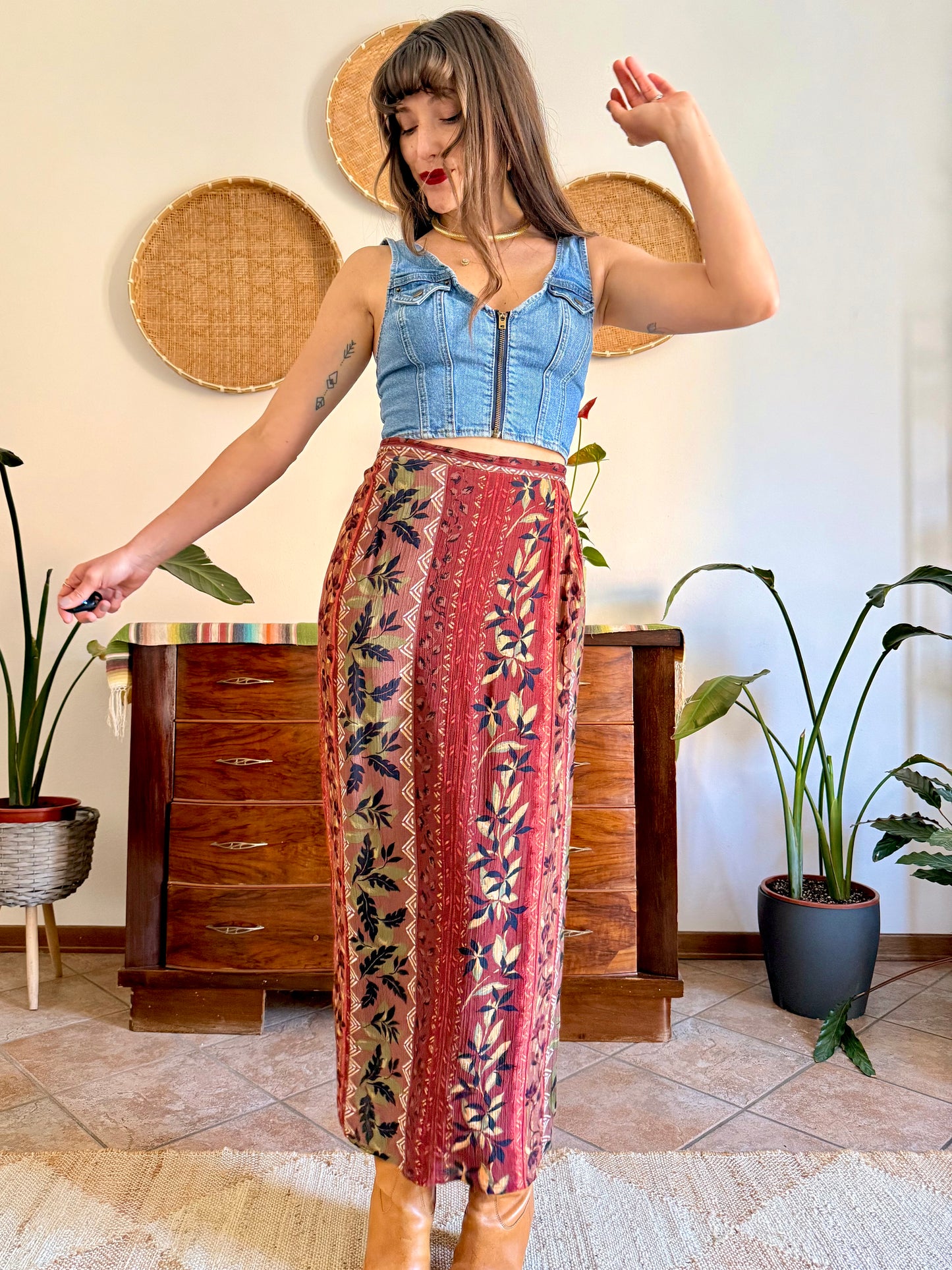 1990's vintage red, brown and green floral print maxi skirt