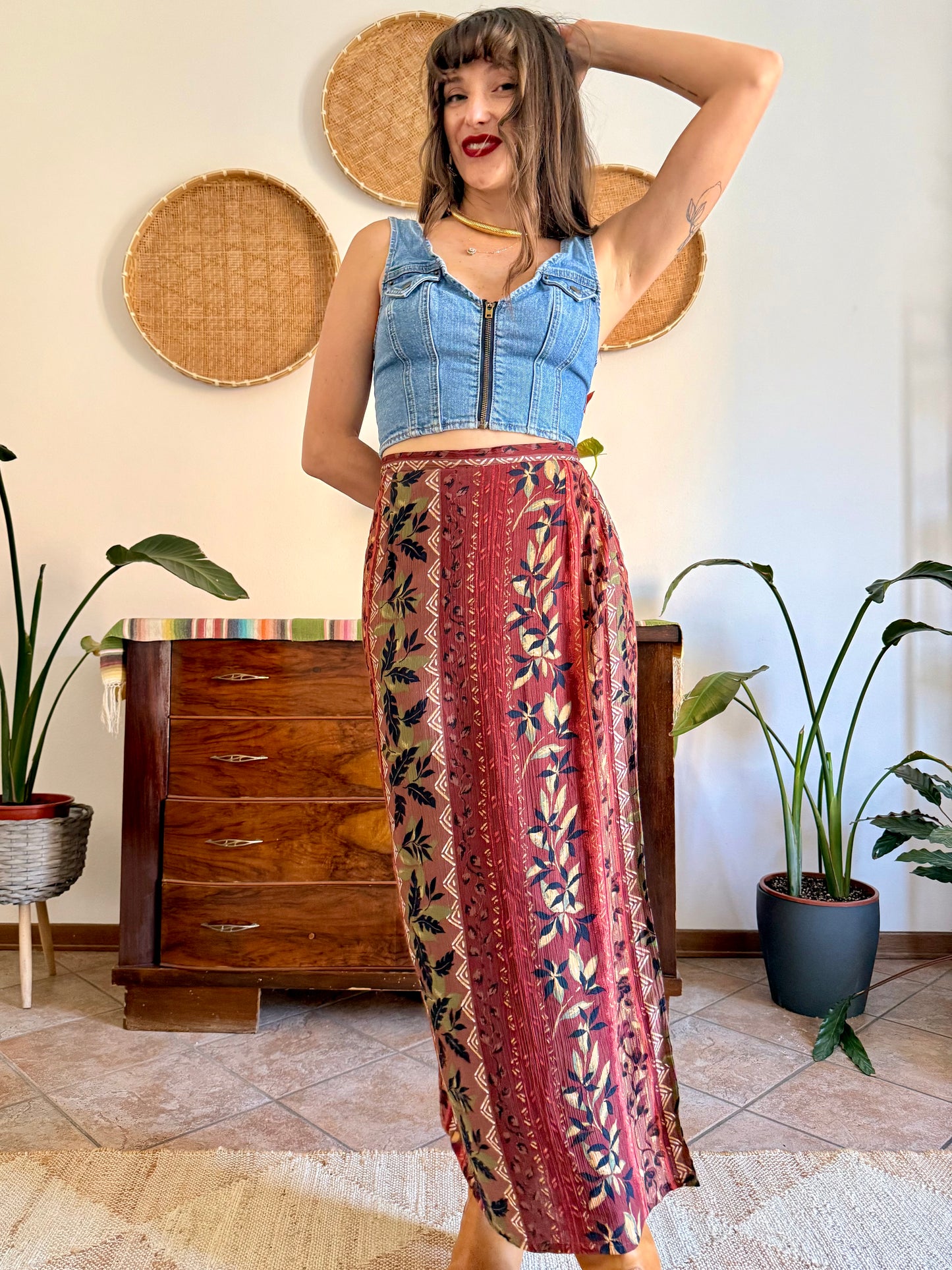 1990's vintage red, brown and green floral print maxi skirt
