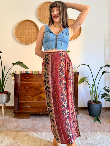 1990's vintage red, brown and green floral print maxi skirt