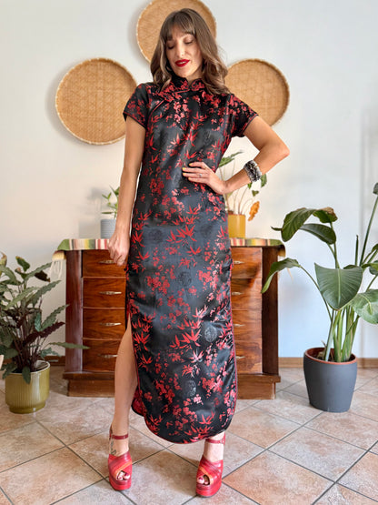 1990's vintage black satin cheongsam maxi dress with red cherry blossom weave