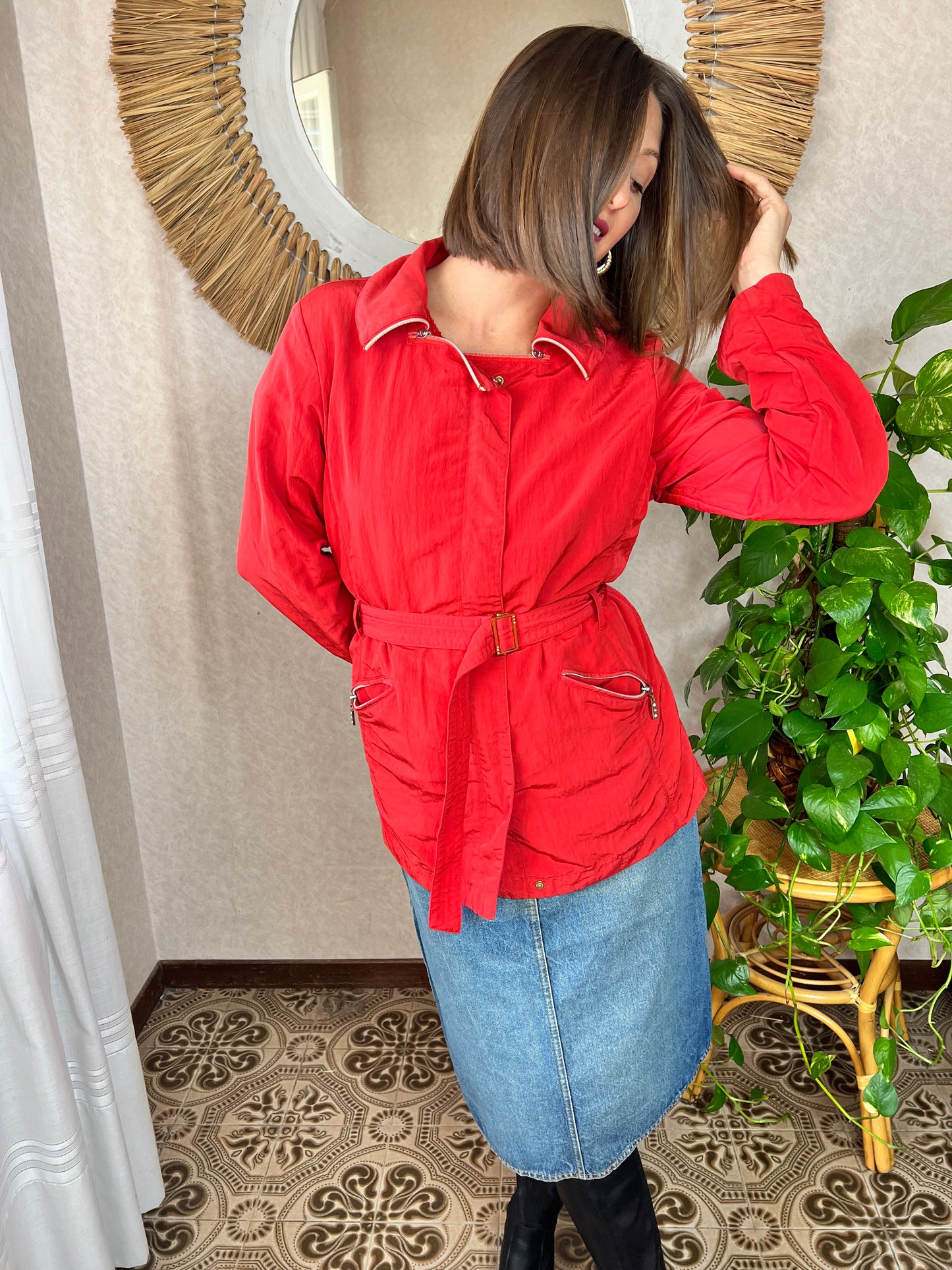 1980's vintage red belted rain coat