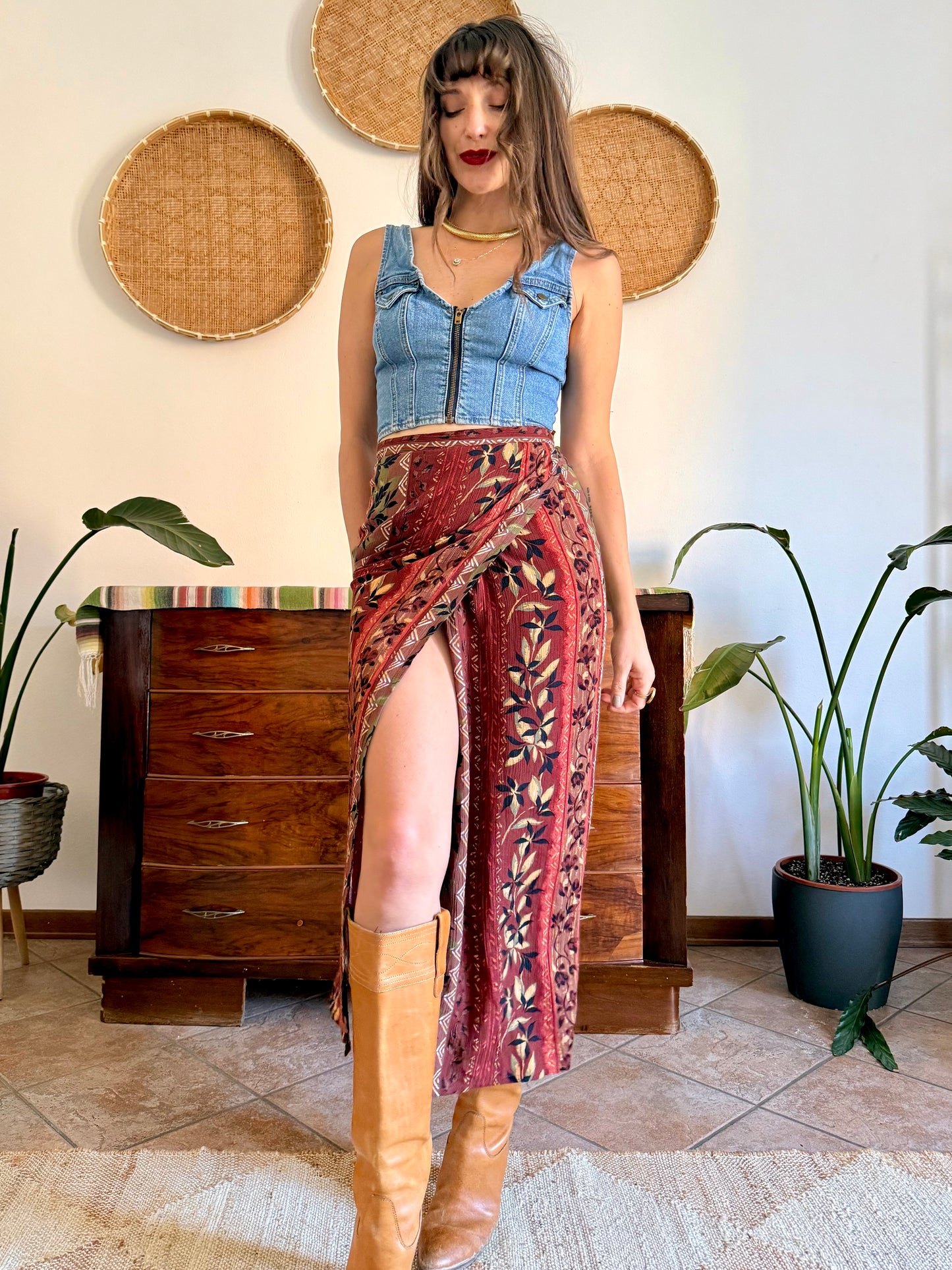 1990's vintage red, brown and green floral print maxi skirt