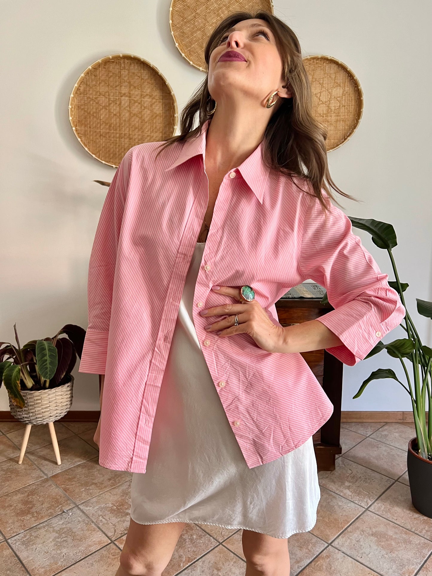 Y2k vintage pink and white diagonal stripe shirt