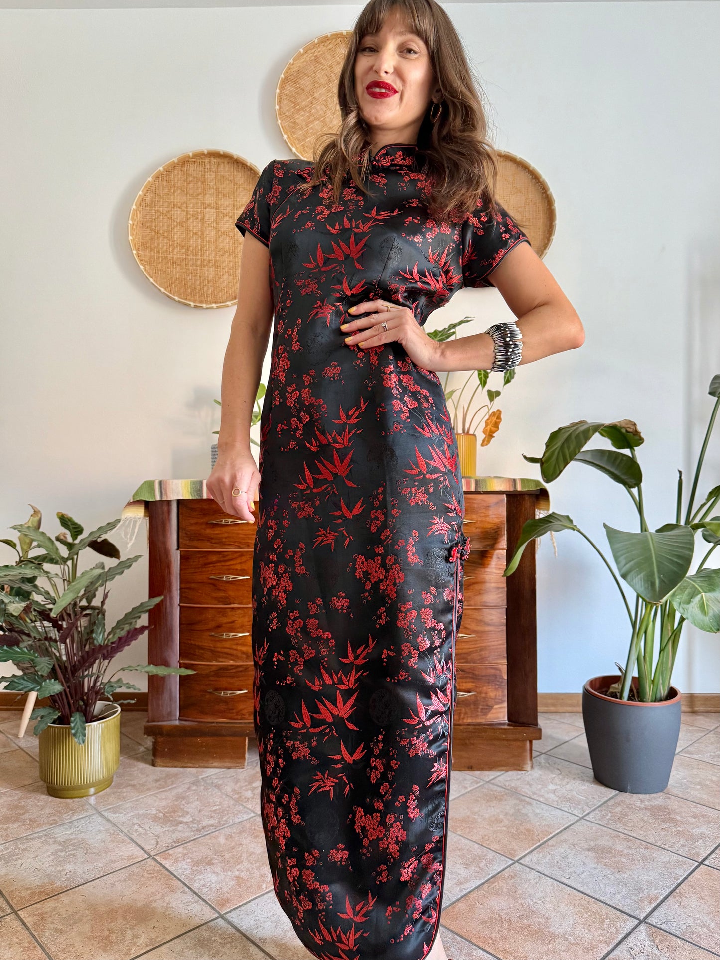 1990's vintage black satin cheongsam maxi dress with red cherry blossom weave