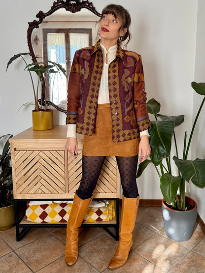 1970's vintage burgundy and mustard yellow woven wool floral shirt