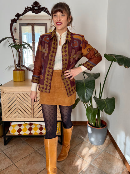 1970's vintage burgundy and mustard yellow woven wool floral shirt