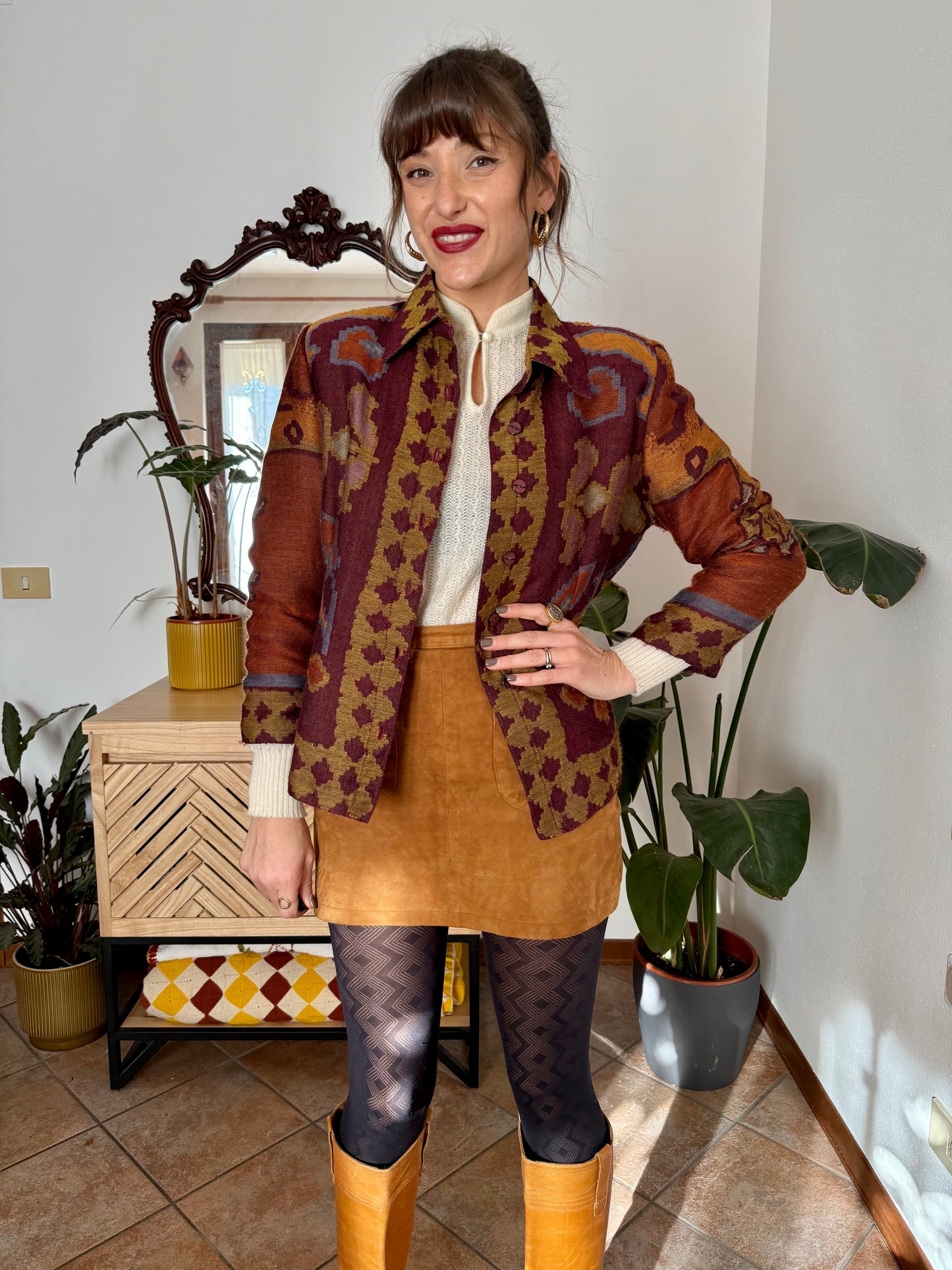 1970's vintage burgundy and mustard yellow woven wool floral shirt