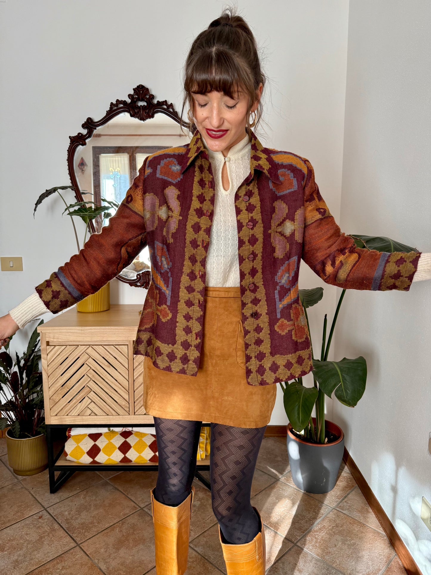 1970's vintage burgundy and mustard yellow woven wool floral shirt