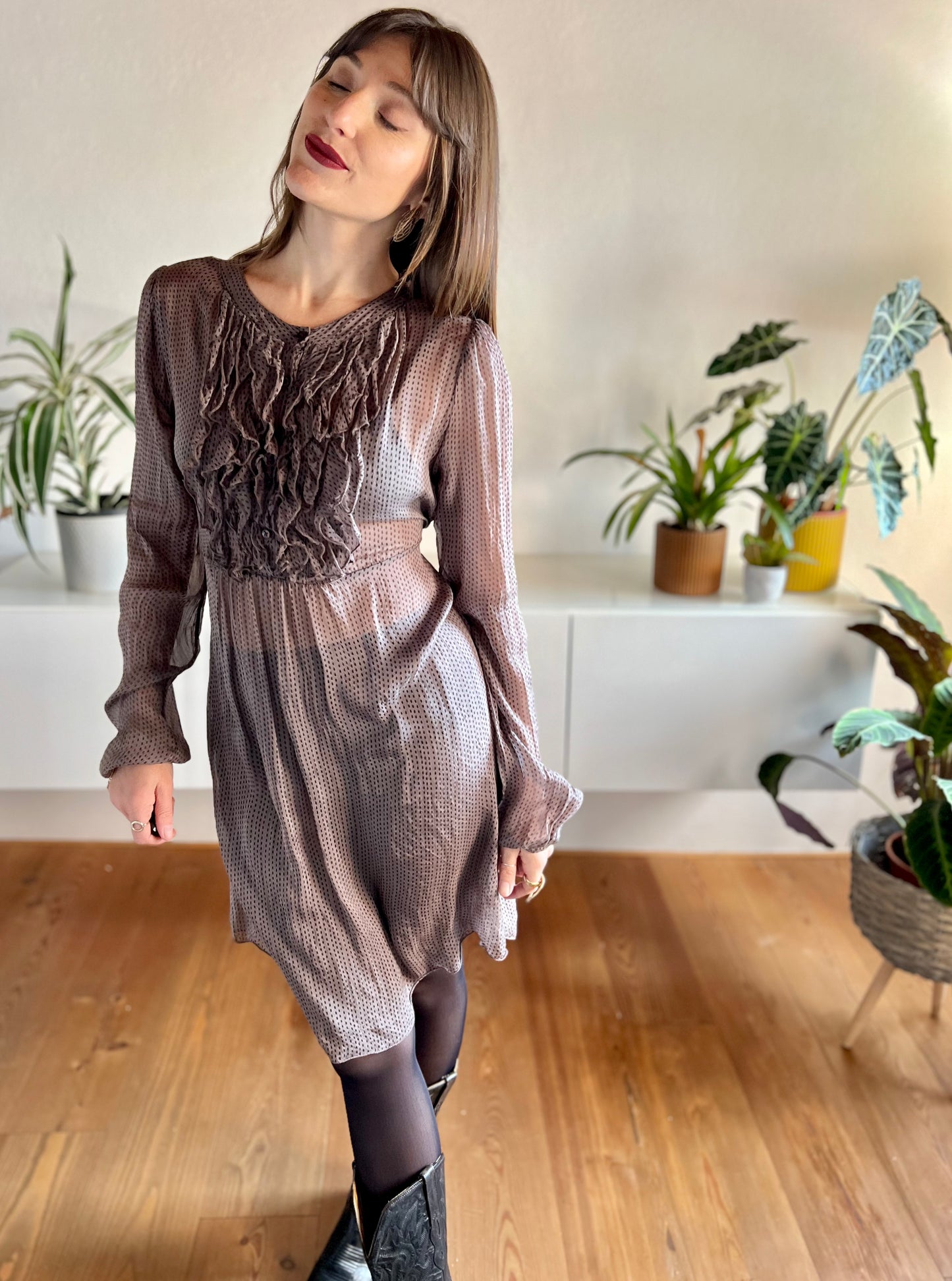 1990's vintage semi sheer brown silk dress with grey geometric print