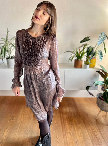 1990's vintage semi sheer brown silk dress with grey geometric print