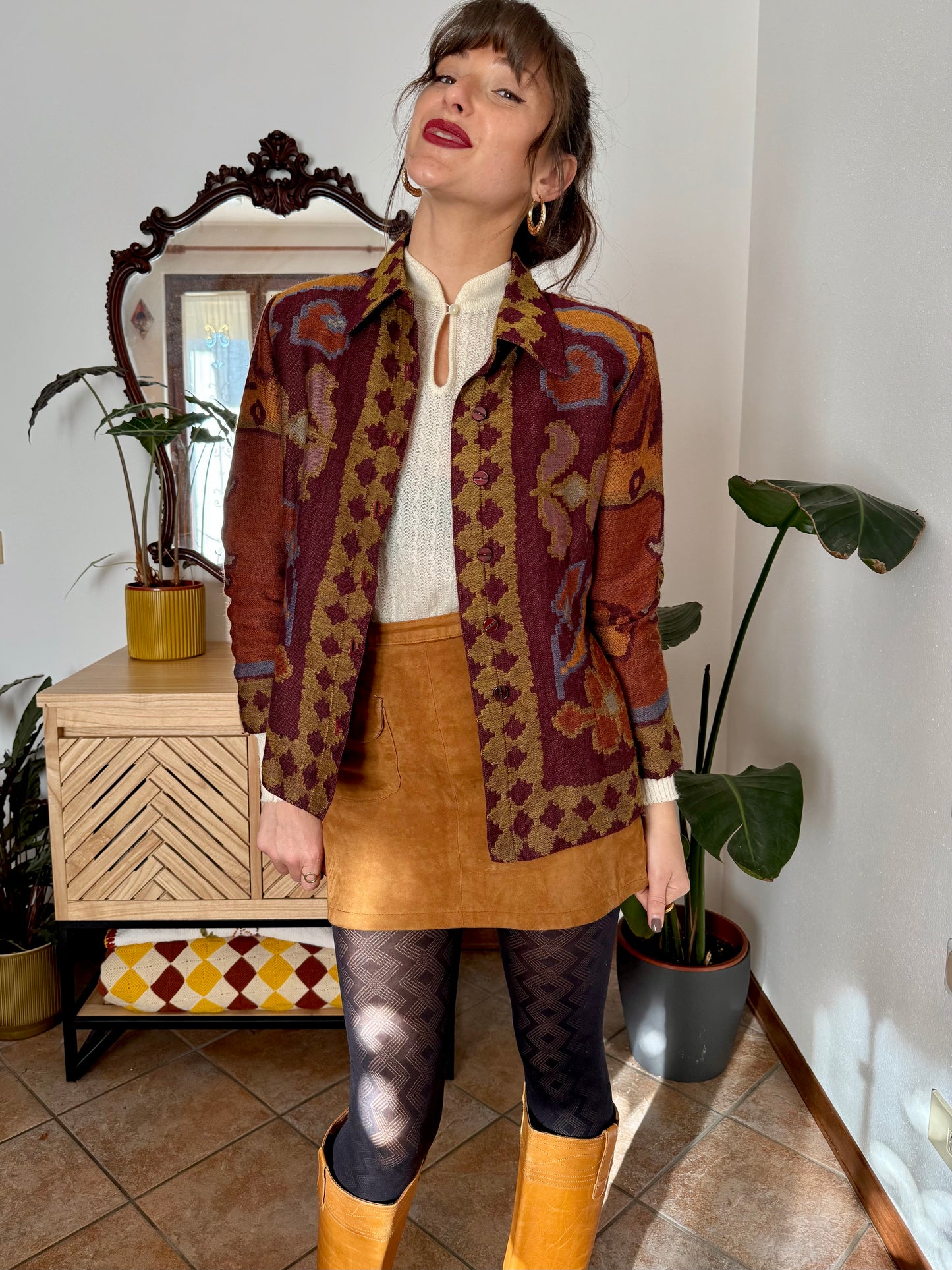 1970's vintage burgundy and mustard yellow woven wool floral shirt