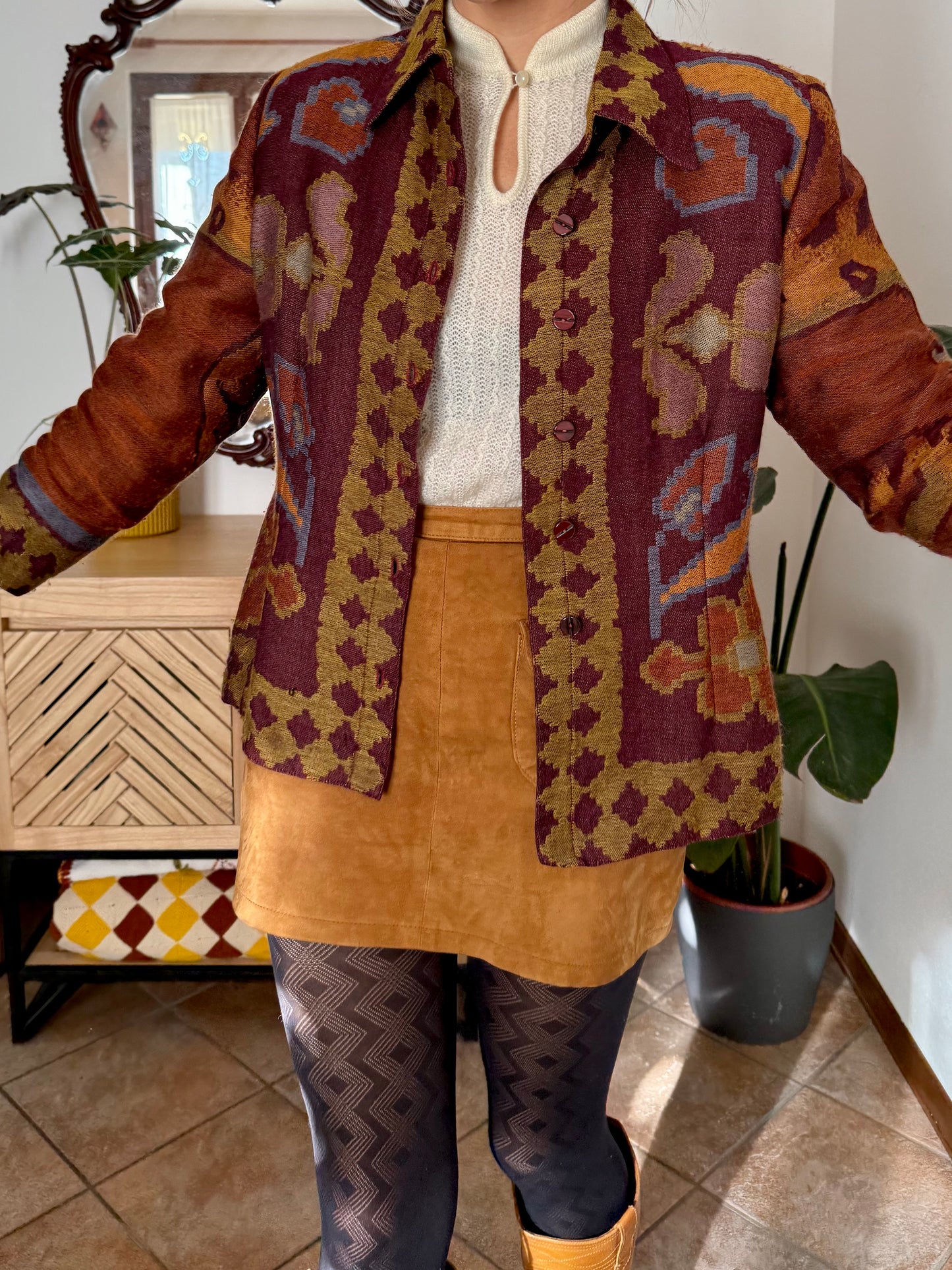 1970's vintage burgundy and mustard yellow woven wool floral shirt