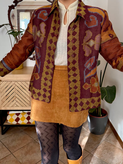 1970's vintage burgundy and mustard yellow woven wool floral shirt