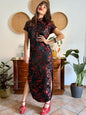 1990's vintage black satin cheongsam maxi dress with red cherry blossom weave