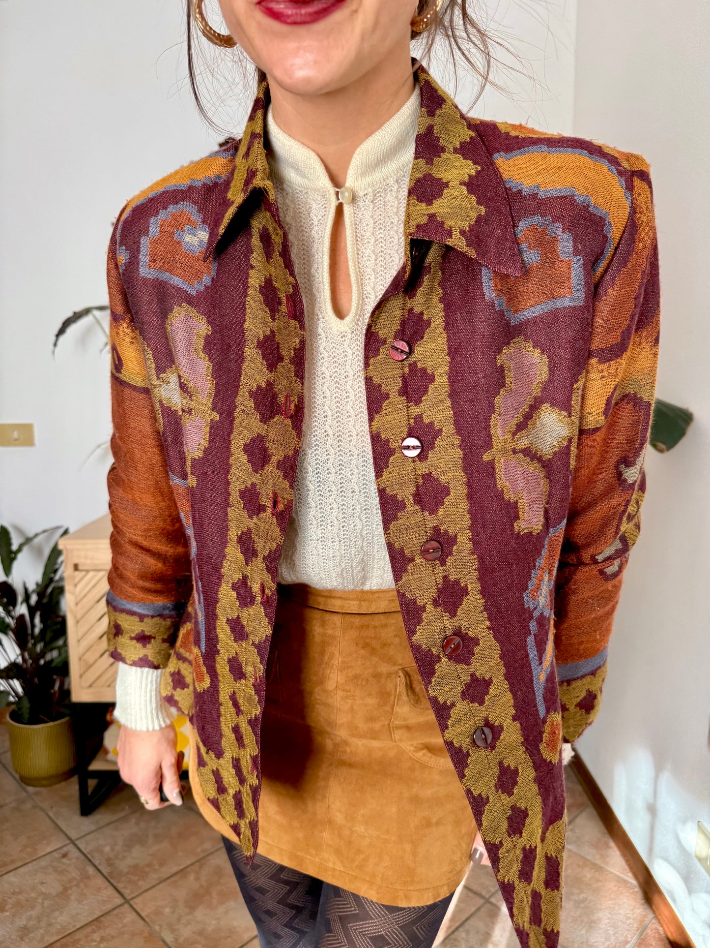 1970's vintage burgundy and mustard yellow woven wool floral shirt