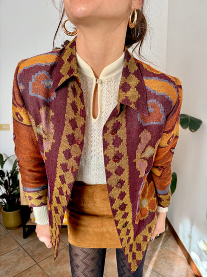 1970's vintage burgundy and mustard yellow woven wool floral shirt