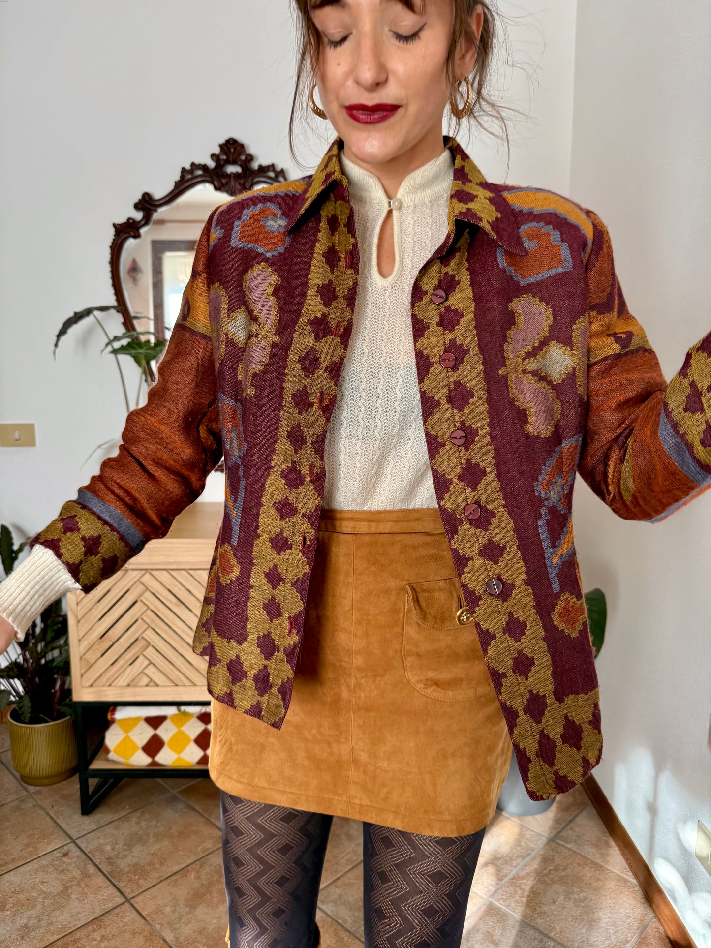 1970's vintage burgundy and mustard yellow woven wool floral shirt