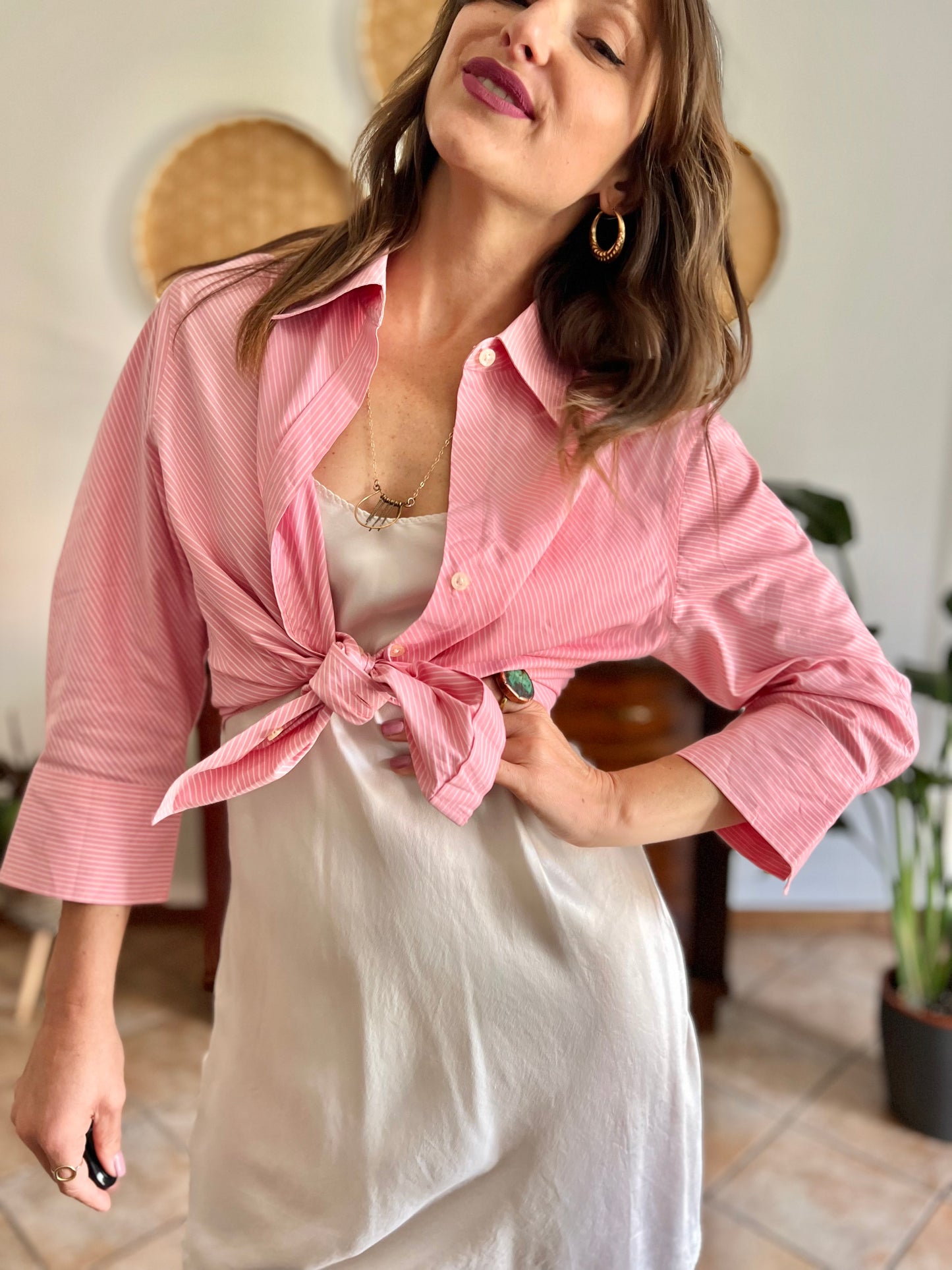 Y2k vintage pink and white diagonal stripe shirt