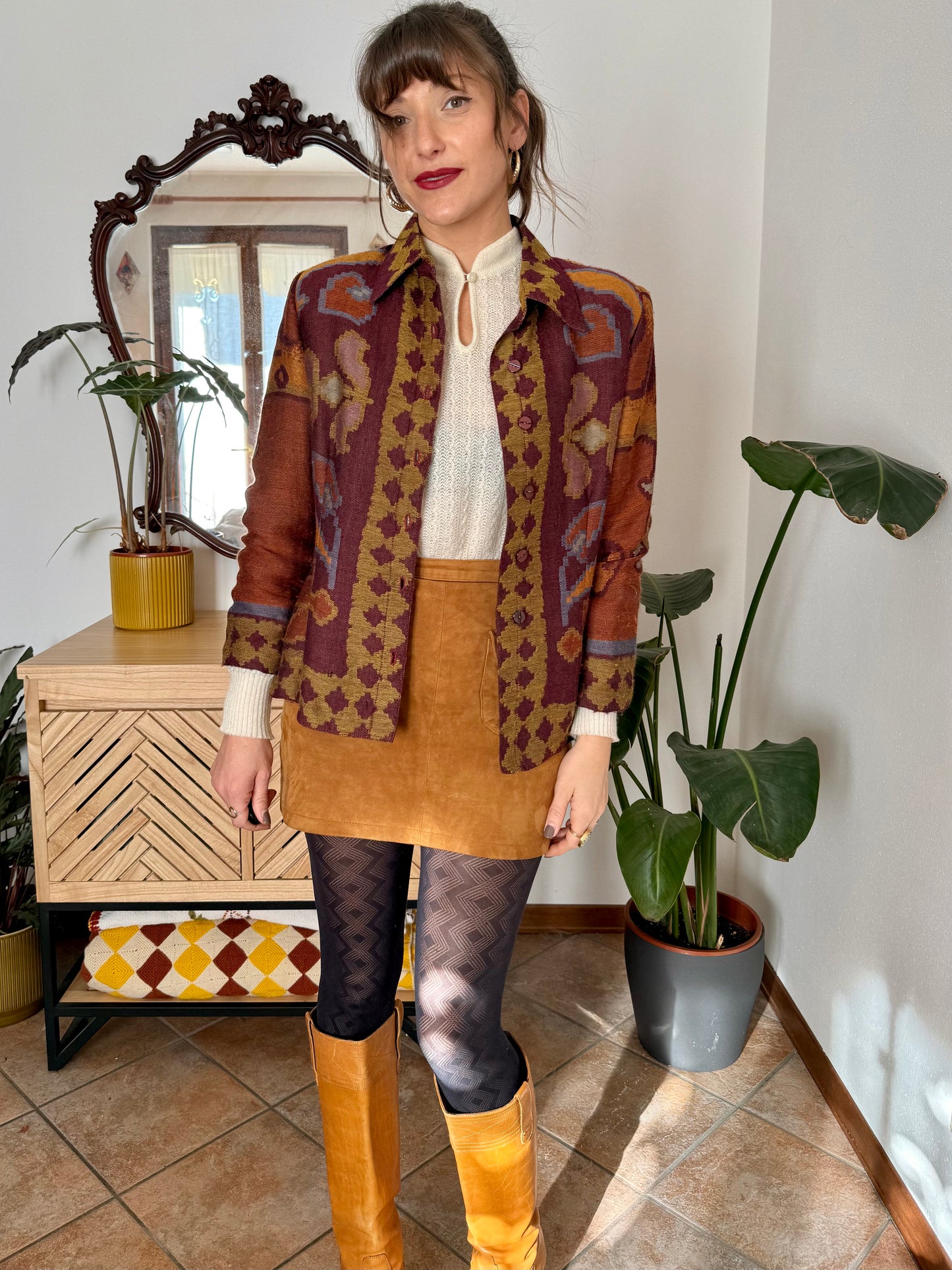 1970's vintage burgundy and mustard yellow woven wool floral shirt