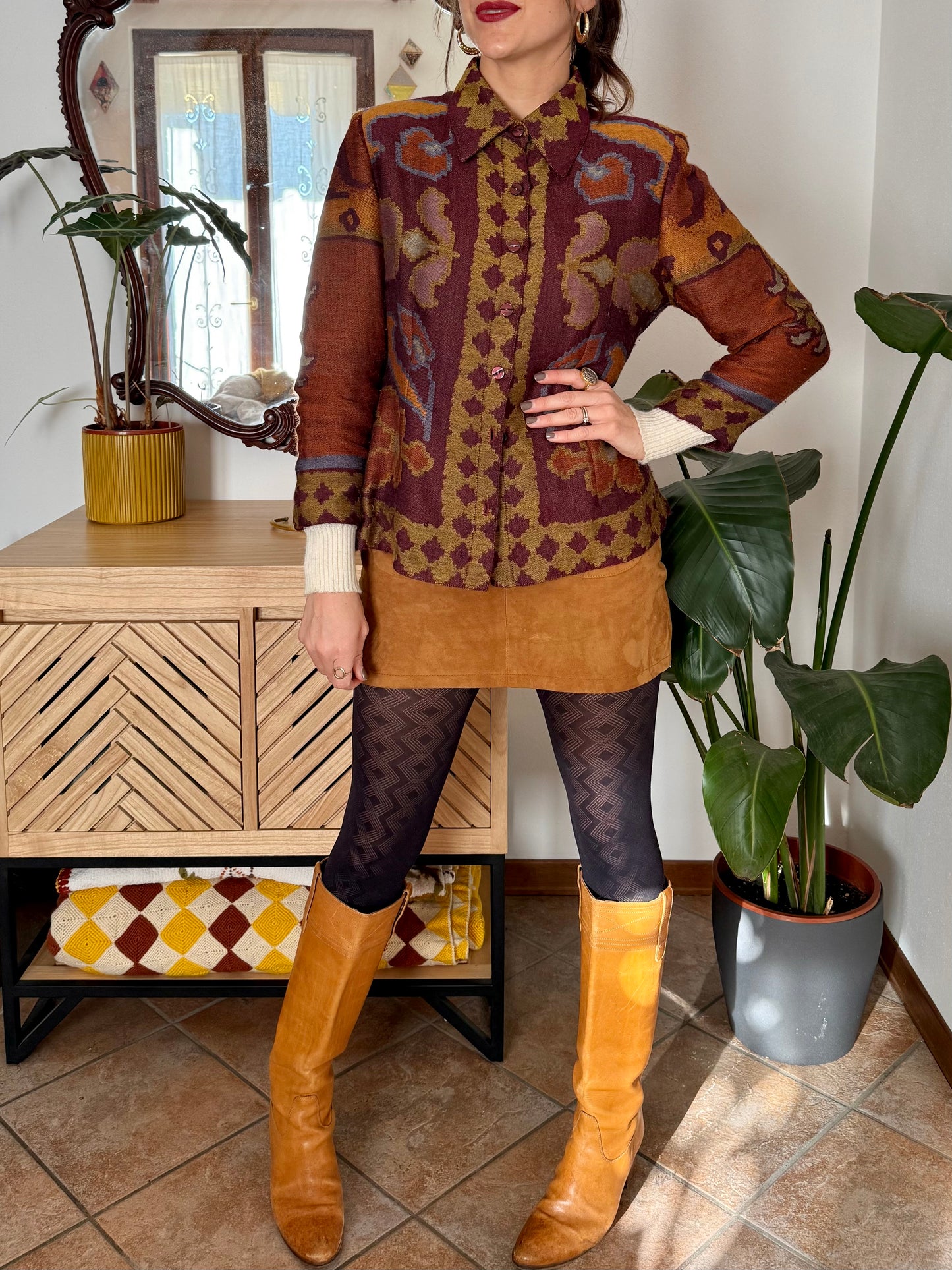 1970's vintage burgundy and mustard yellow woven wool floral shirt