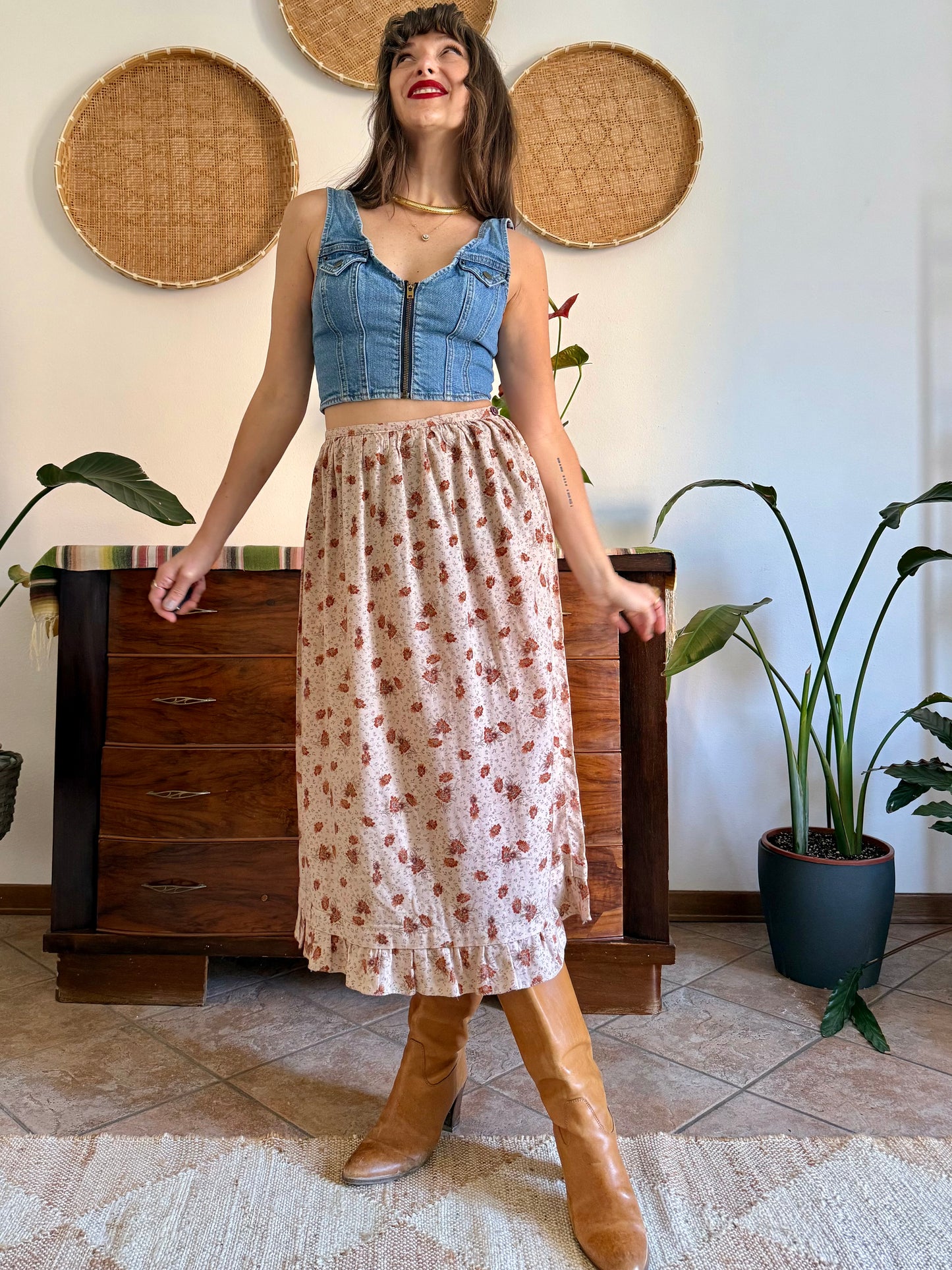 1970's vintage cream and brown floral prairie midi skirt