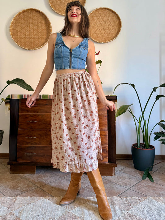 1970's vintage cream and brown floral prairie midi skirt