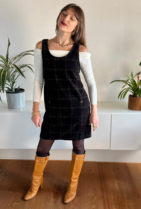 1990's vintage black and brown plaid corduroy mini dress