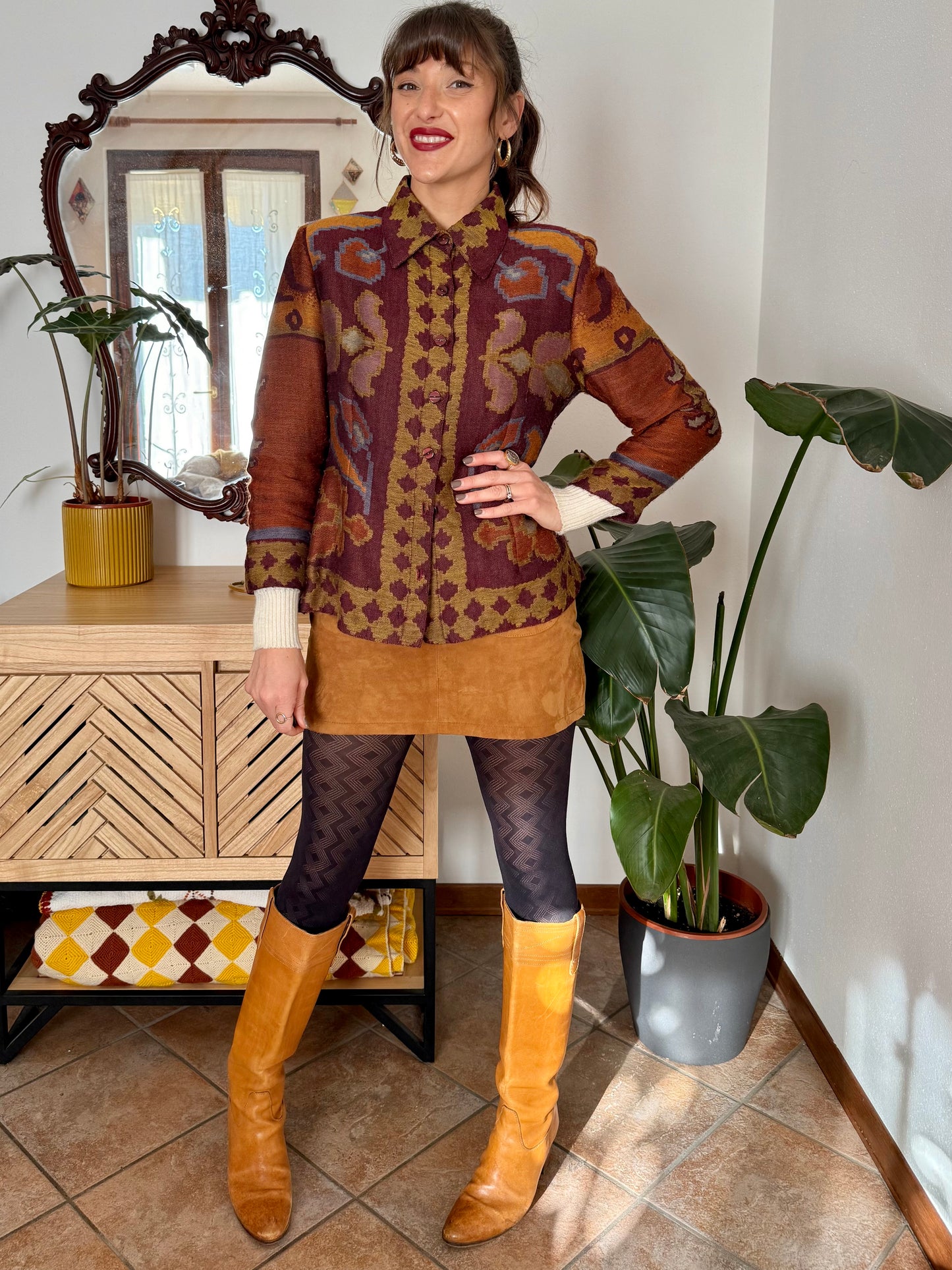 1970's vintage burgundy and mustard yellow woven wool floral shirt