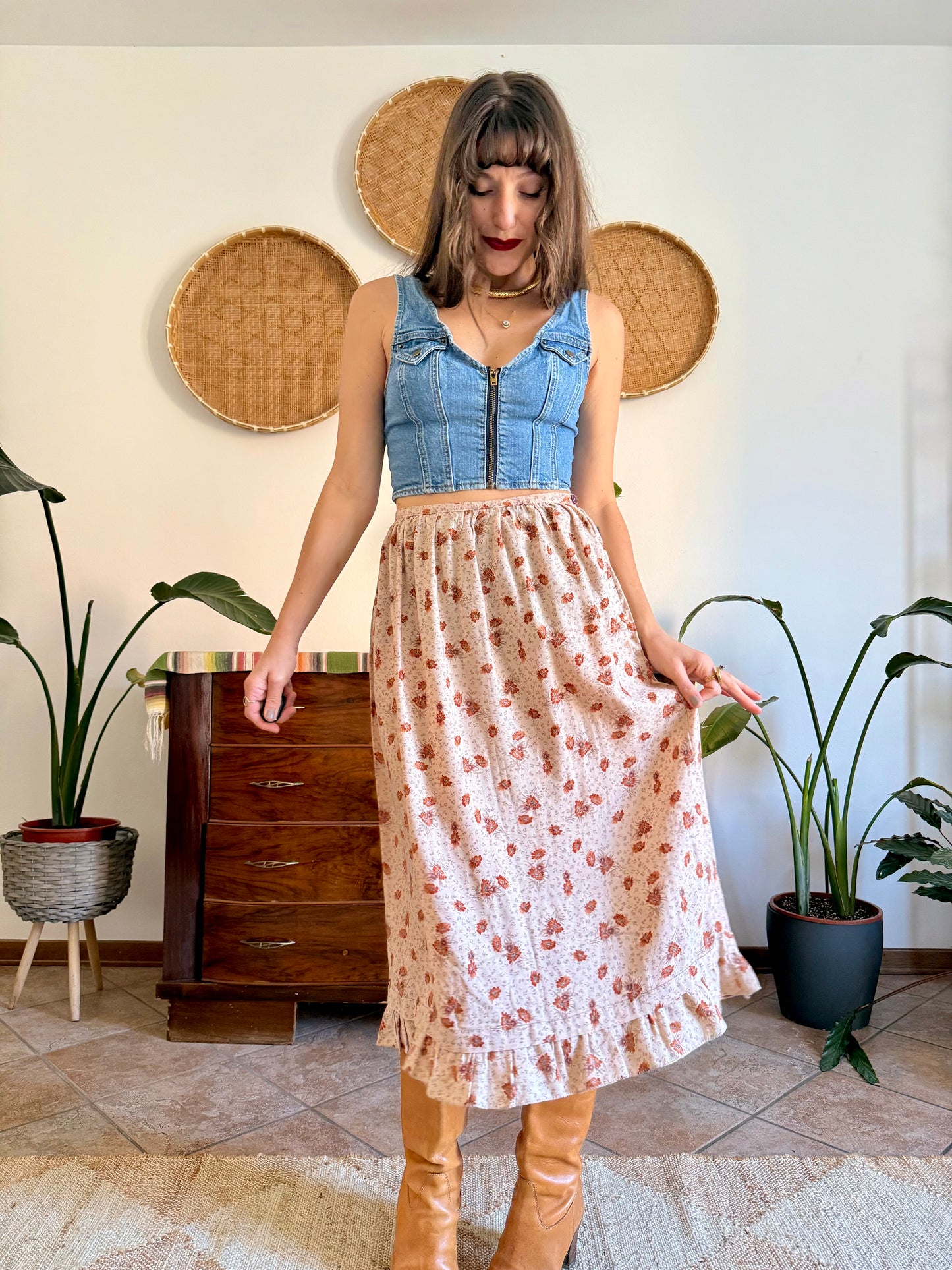 1970's vintage cream and brown floral prairie midi skirt