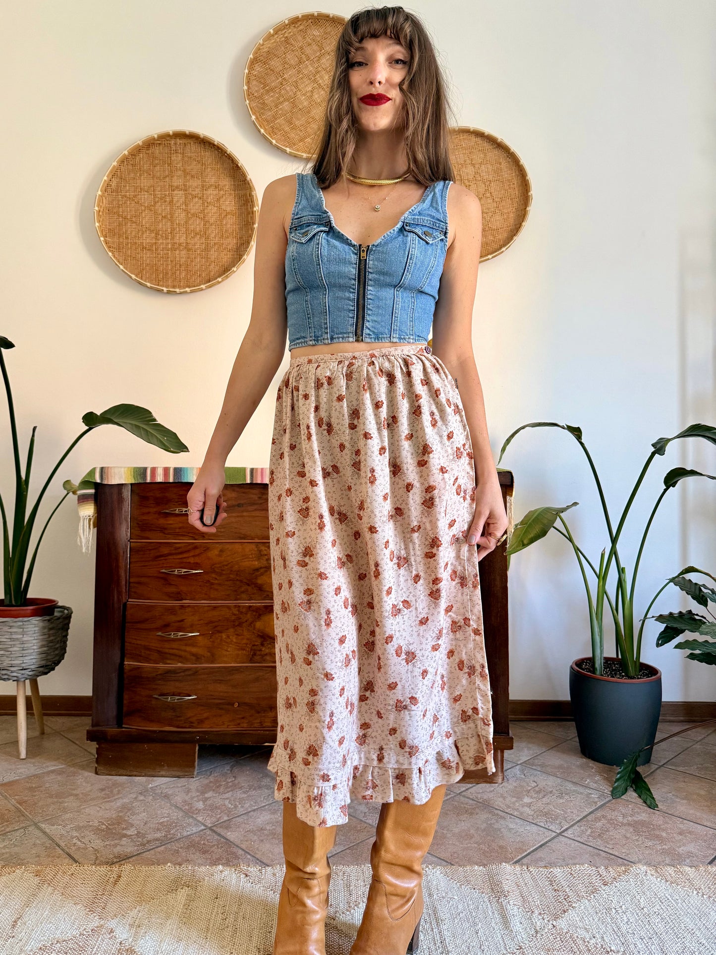 1970's vintage cream and brown floral prairie midi skirt