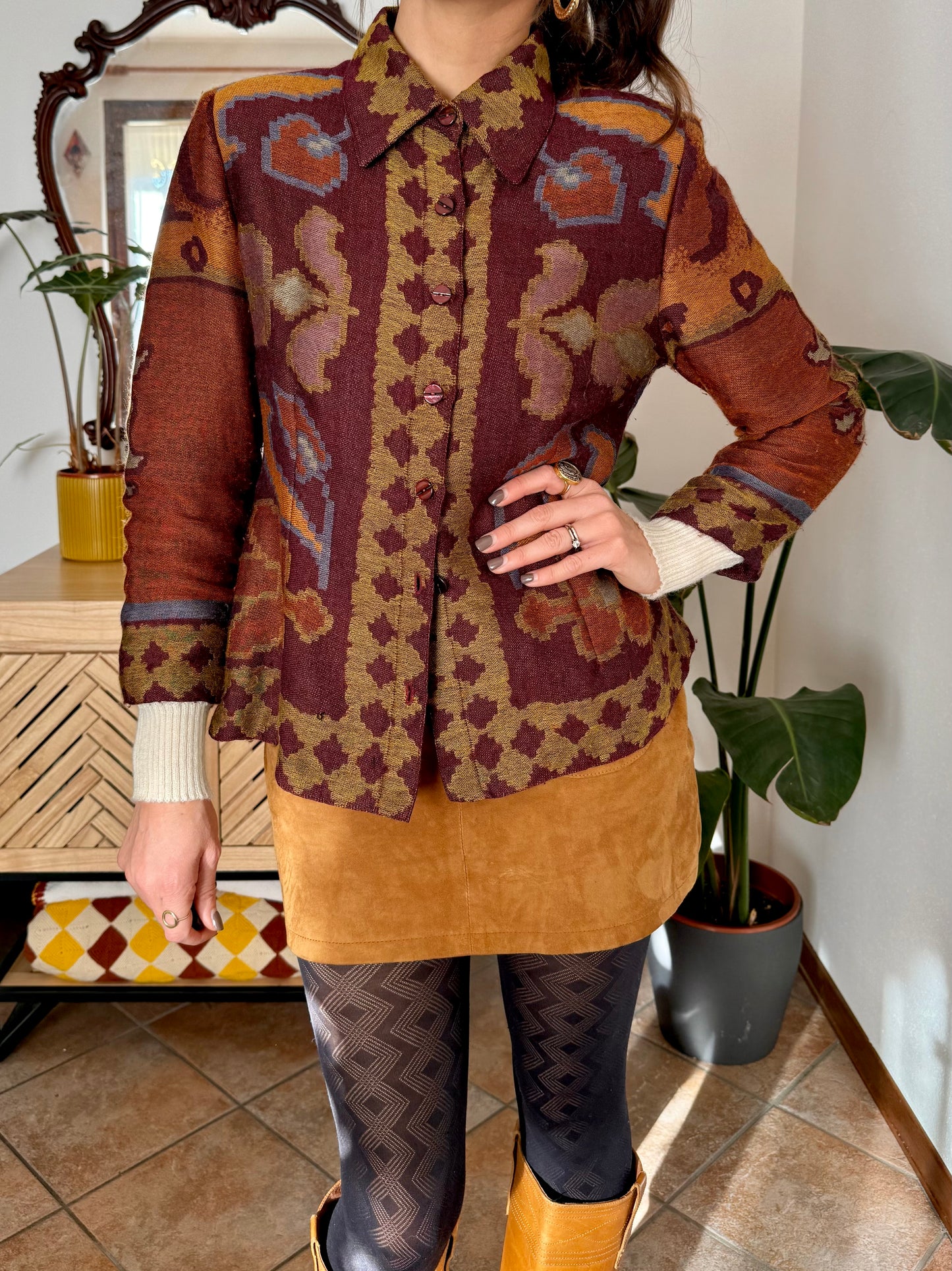 1970's vintage burgundy and mustard yellow woven wool floral shirt