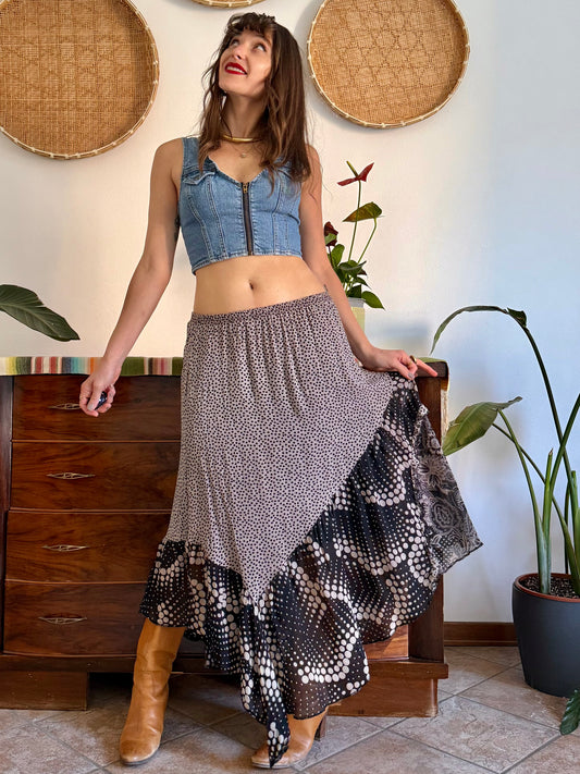 Y2k vintage tan and black silk polkadot and floral asymmetrical maxi skirt
