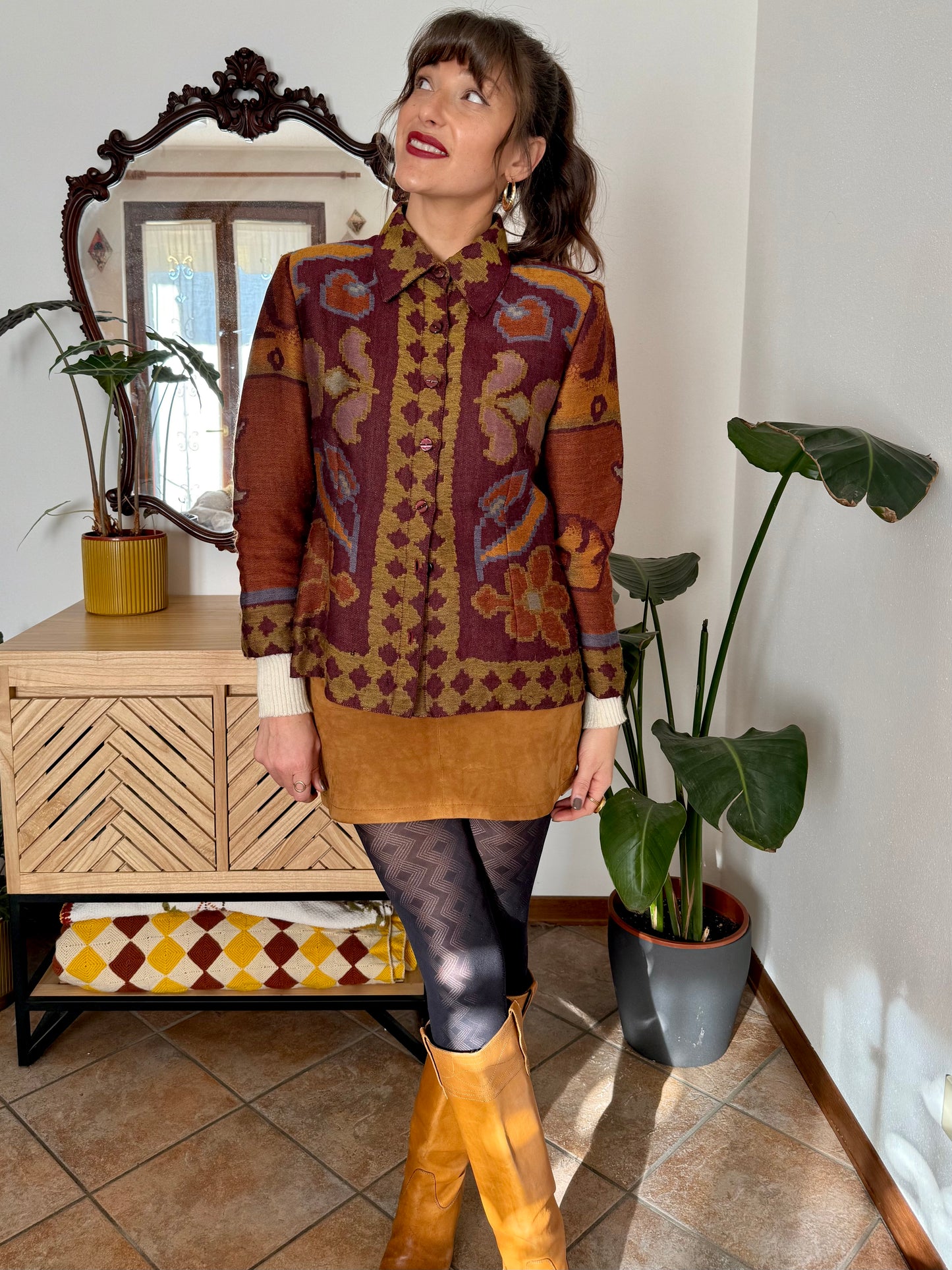 1970's vintage burgundy and mustard yellow woven wool floral shirt