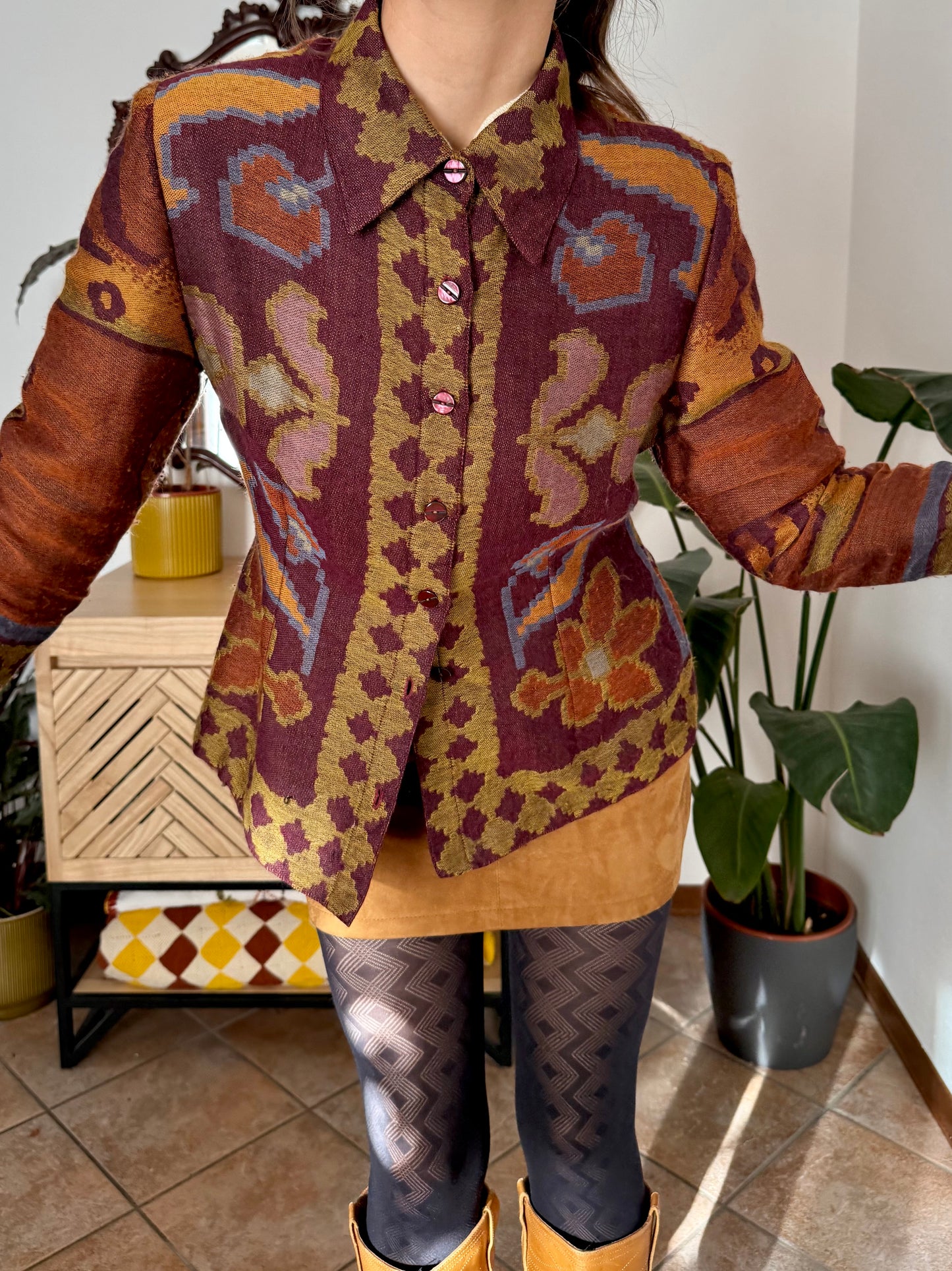 1970's vintage burgundy and mustard yellow woven wool floral shirt